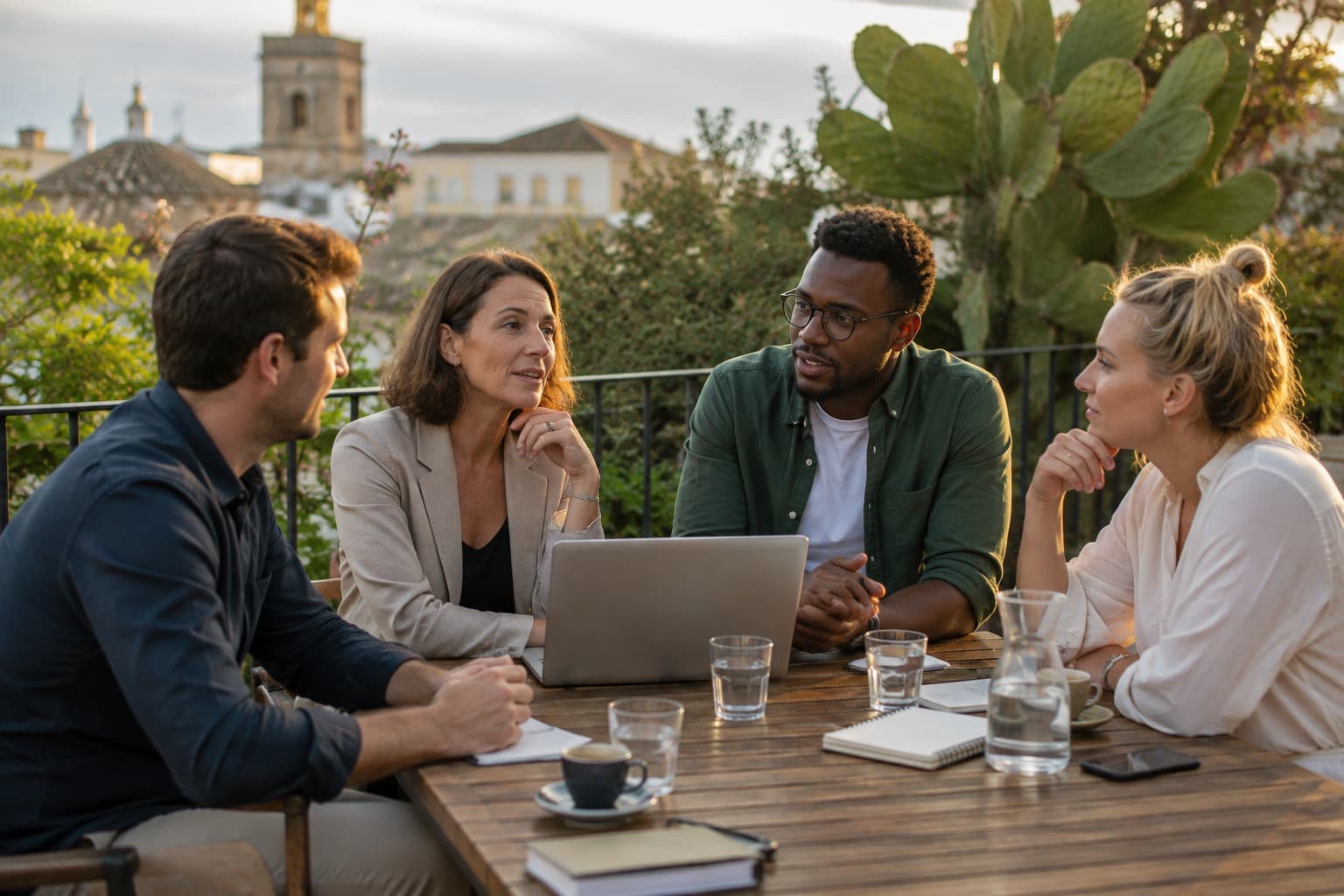 Vier ondernemers in gesprek rond een tafel op een dakterras bij zonsondergang, met een laptop en notitieblokken