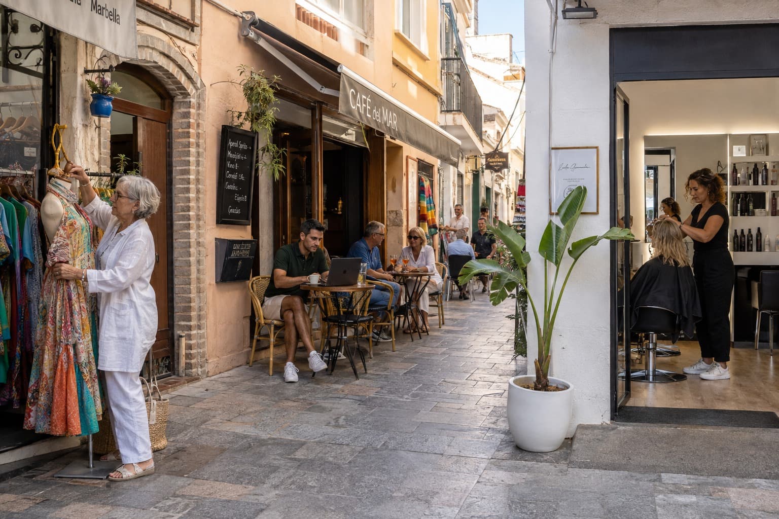 Winkelstraat in Marbella met een kledingzaak, een terras en een kapsalon naast elkaar