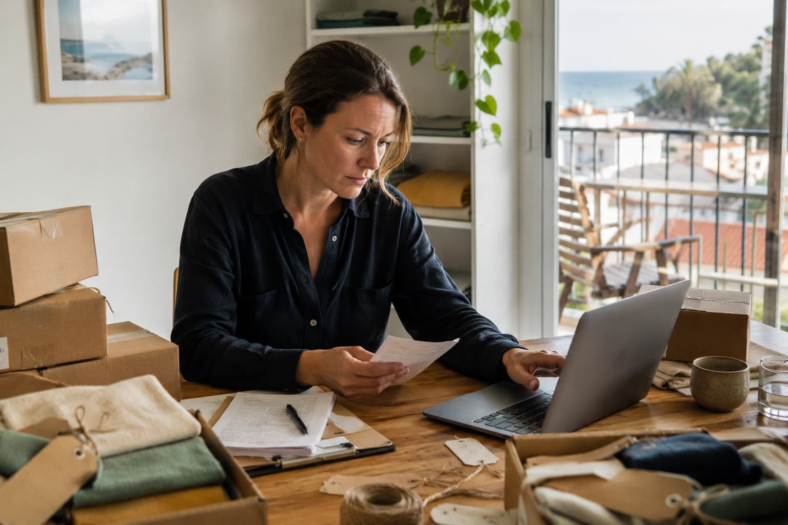 Vrouw werkt aan de eettafel met een laptop en verzendklare dozen, met uitzicht op een balkon en de zee