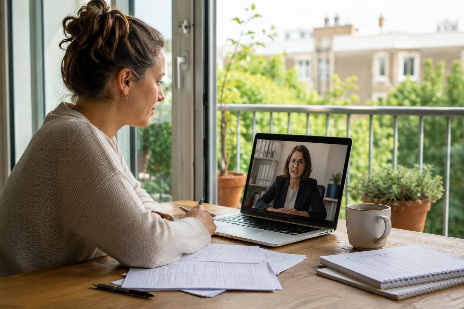 Vrouw maakt aantekeningen tijdens een videogesprek met een adviseur, aan een tafel bij een openslaande balkondeur