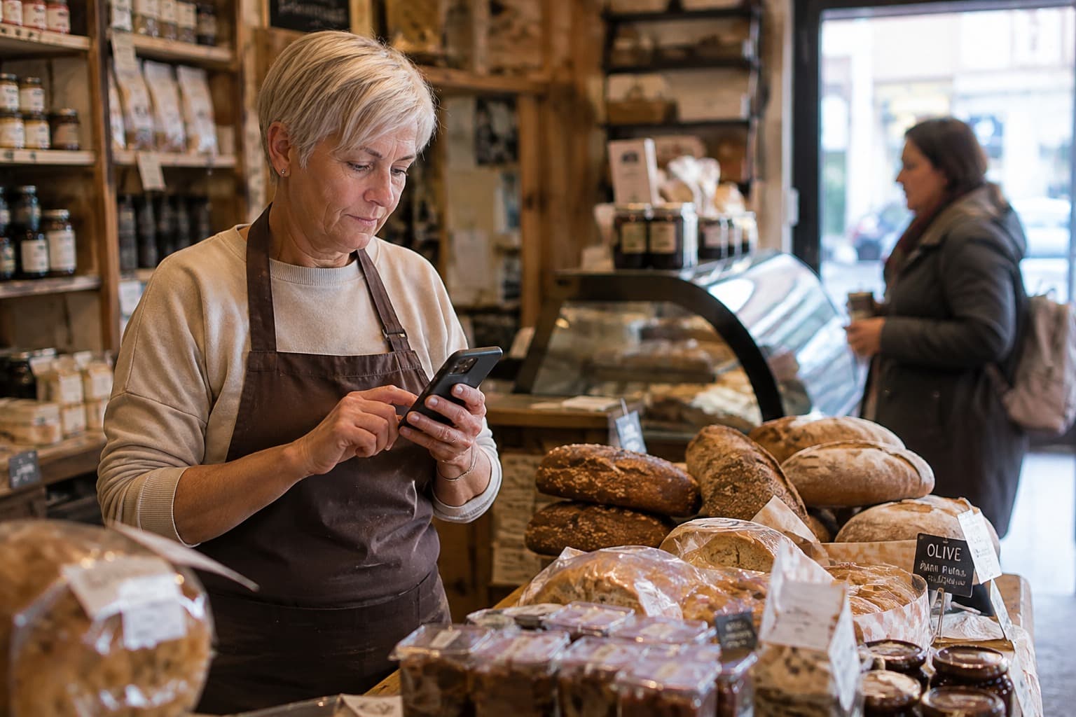 Winkeleigenaresse met een schort kijkt op haar telefoon in een winkel met brood en streekproducten